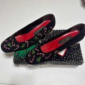 J ReneeFestive Black Flats with Red and Green Embroidery